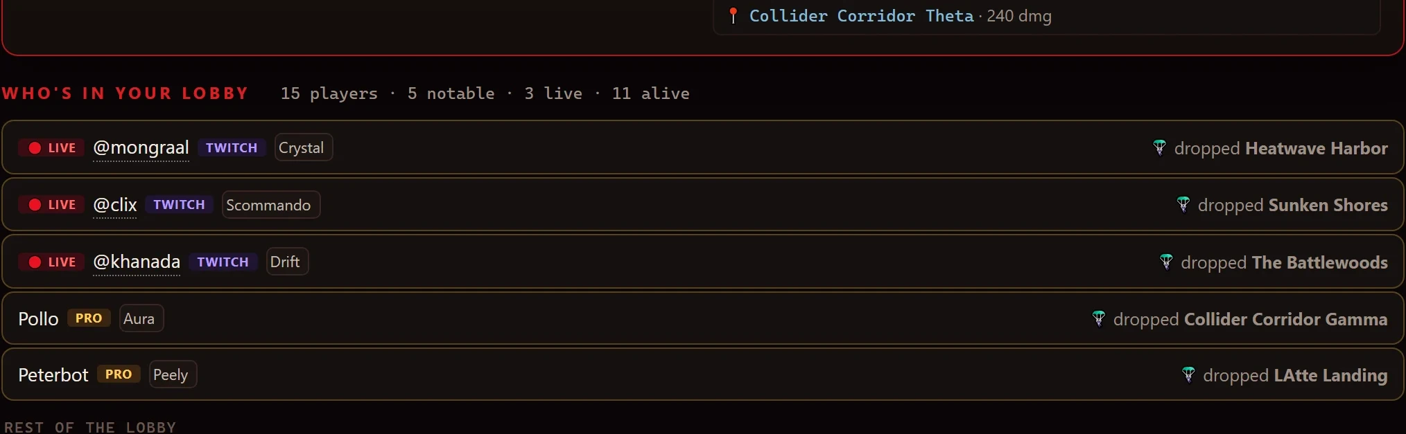 The Who's in your lobby panel — pros and live streamers pinned to the top with skins and drop locations, the rest of the lobby below.